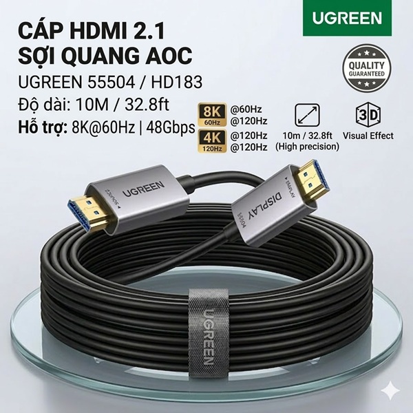 C&aacute;p HDMI 2.1 Sợi Quang AOC 10M 8K@60Hz 48Gbps UGREEN 55504 / HD183